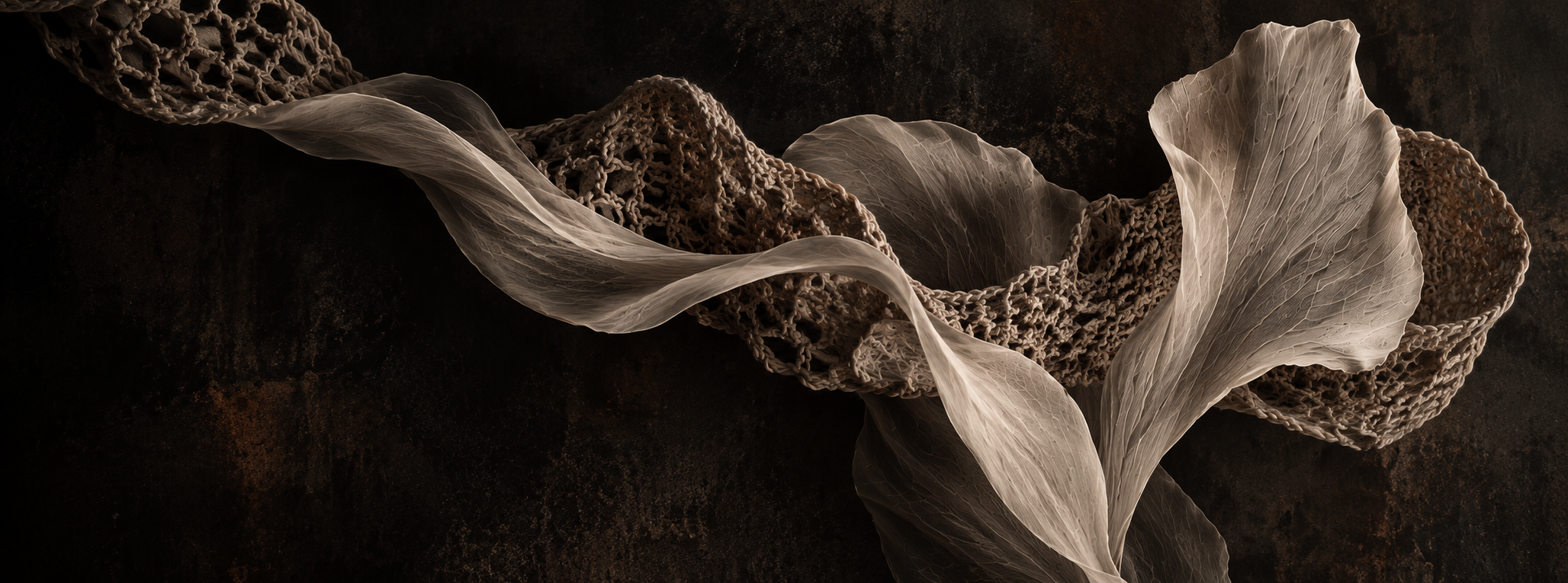 Ethereal pale petals and crochet forms against a dark earthy background